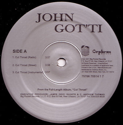 John Got'ti – Cut Throat / Put It On Me / Scarred 12" Vinyl LP Record *Sealed 2001 Release*